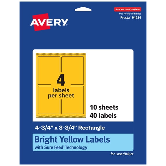 Avery Printable Rectangle Labels, Bright Yellow, 4.75" x 3.75", 40ct