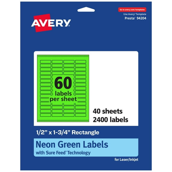 Avery Printable Rectangle Labels, Neon Green, 0.5" x 1.75", 2,400ct