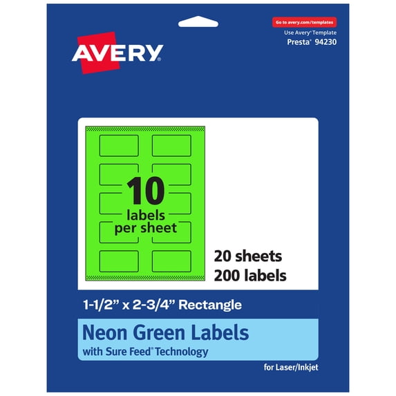 Avery Printable Rectangle Labels, Neon Green, 1.5" x 2.75", 200ct