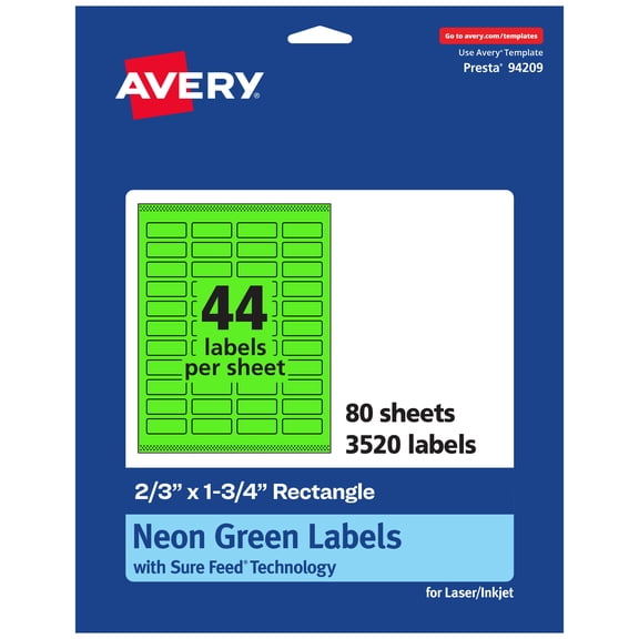 Avery Printable Rectangle Labels, Neon Green, 2/3" x 1-3/4", 3,520ct