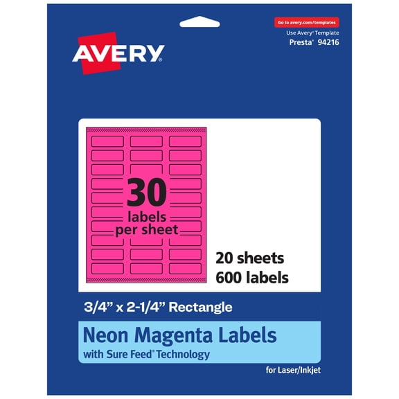 Avery Printable Rectangle Labels, Neon Magenta, 0.75" x 2.25", 600ct