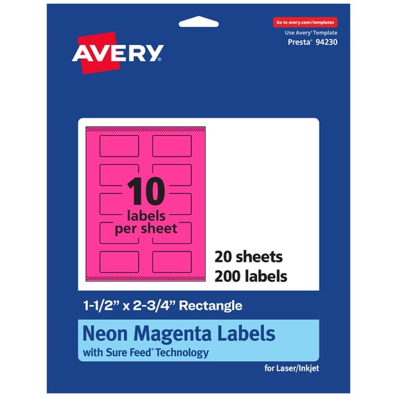 Avery Printable Rectangle Labels, Neon Magenta, 1.5" x 2.75", 200ct
