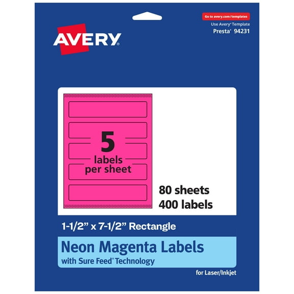 Avery Printable Rectangle Labels, Neon Magenta, 1.5" x 7.5", 400ct