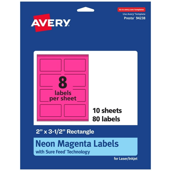Avery Printable Rectangle Labels, Neon Magenta, 2" x 3.5", 80ct