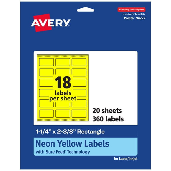 Avery Printable Rectangle Labels, Neon Yellow, 1-1/4" x 2-3/8", 360ct