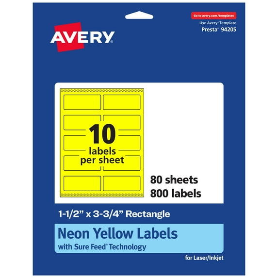 Avery Printable Rectangle Labels, Neon Yellow, 1.5" x 3.75", 800ct