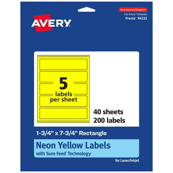 Avery Printable Rectangle Labels, Neon Yellow, 1.75" x 7.75", 200ct
