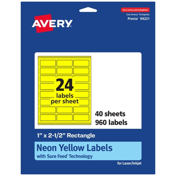 Avery Printable Rectangle Labels, Neon Yellow, 1" x 2.5", 960ct