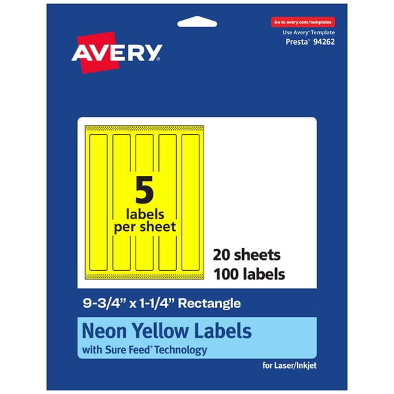 Avery Printable Rectangle Labels, Neon Yellow, 9.75" x 1.25", 100ct