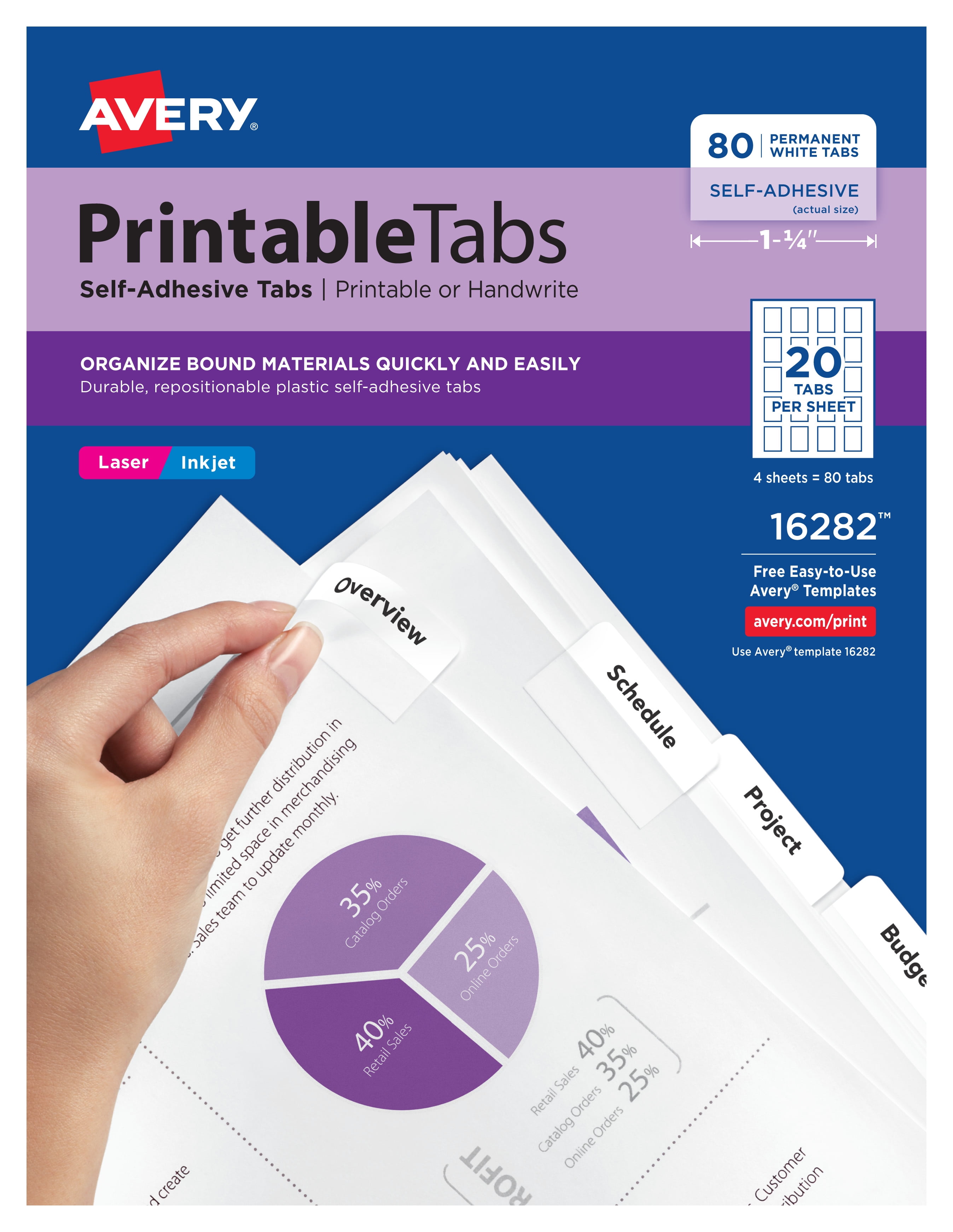 Avery White Printable Plastic Self-Adhesive Tabs, 1.75" Wide, 80-Pack