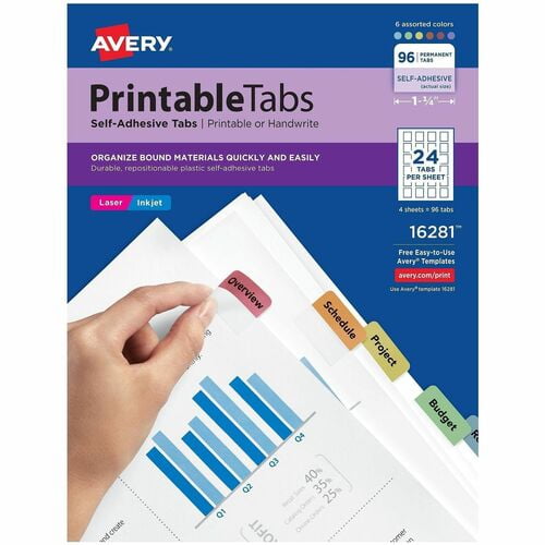 Avery® Printable Repositionable Tabs, 1.25" Tab Width, Permanent, Paper Divider, Assorted Paper Tab(s) (16281) | 2 Packs (192 Total)