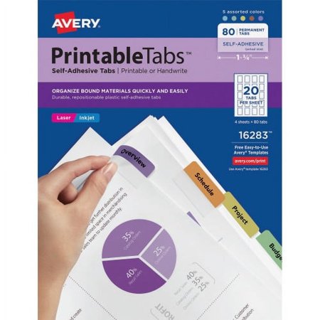 Avery Printable Repositionable Tabs, 1-3/4" , Assorted, 80 Tabs (16283) 80 Tab(s)1.75" Tab Width - Permanent, Self-adhesive - Paper Divider - Assorted Paper Tab(s) - 1