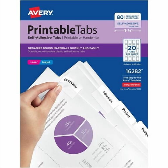 Avery® Printable Repositionable Tabs, 1.75" Tab Width, Permanent, Paper Divider, White Paper Tab(s) (16282) | 2 Packs (160 Total)