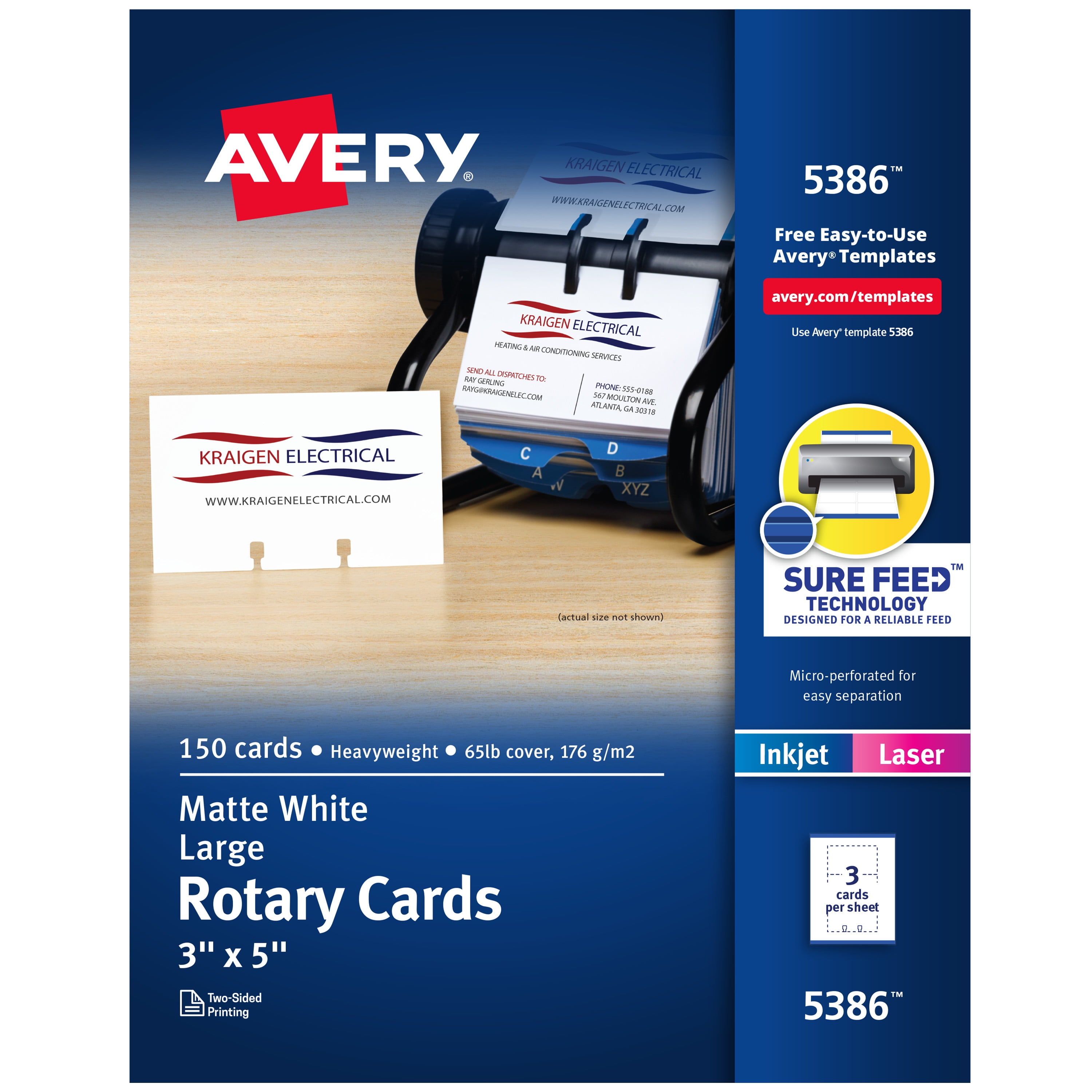Avery Printable Rotary Cards with Sure Feed Technology, 3" x 5", White