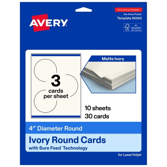 Avery Printable Round Cards, 4" Diameter, Matte Ivory, 30ct