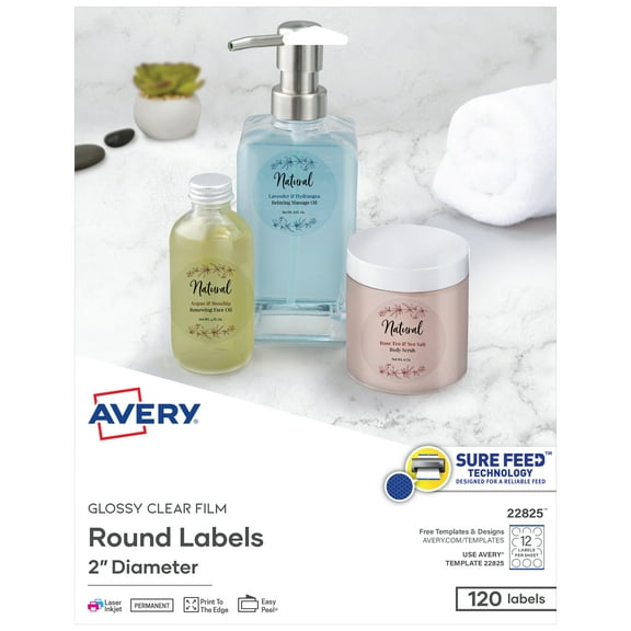 Avery Printable Round Labels, 2", Glossy Clear, 120 Labels (22825)