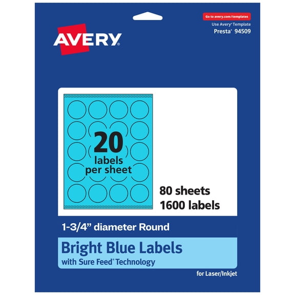 Avery Printable Round Labels, Bright Blue, 1.75" Diameter, 1,600ct