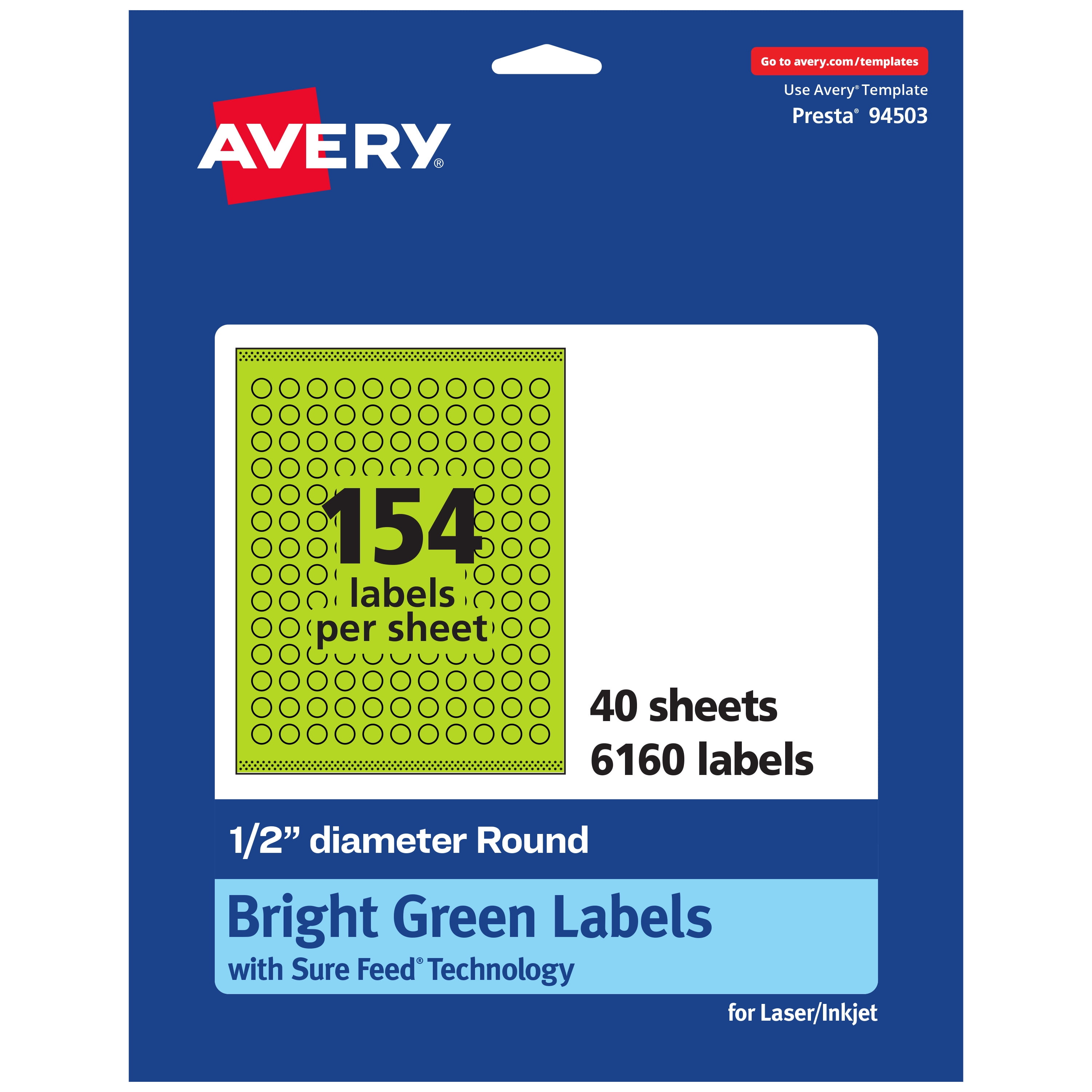 Avery Printable Round Labels, Bright Green, 0.5" Diameter, 6,160ct