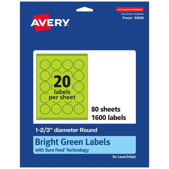 Avery Printable Round Labels, Bright Green, 1-2/3" Diameter, 1,600ct