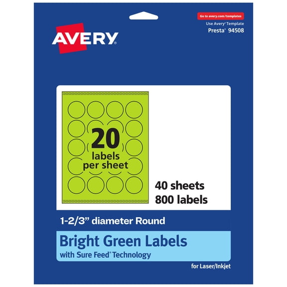 Avery Printable Round Labels, Bright Green, 1-2/3" Diameter, 800ct