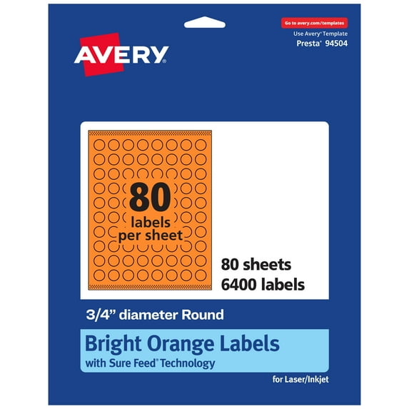 Avery Printable Round Labels, Bright Orange, 0.75" Diameter, 6,400ct