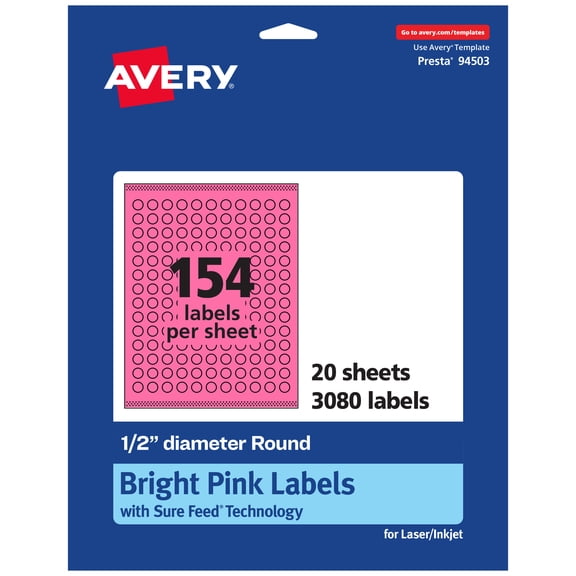 Avery Printable Round Labels, Bright Pink, 0.5" Diameter, 3,080ct