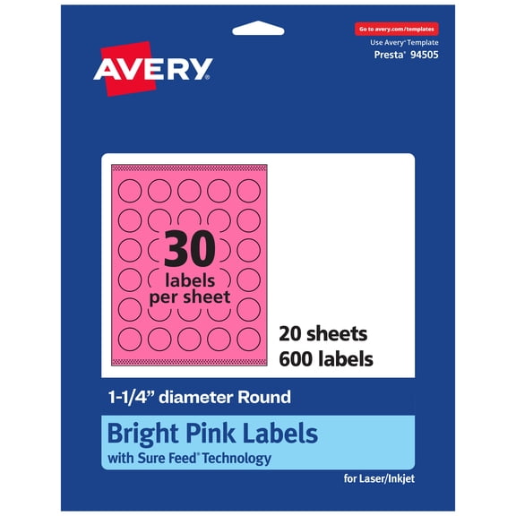 Avery Printable Round Labels, Bright Pink, 1.25" Diameter, 600ct