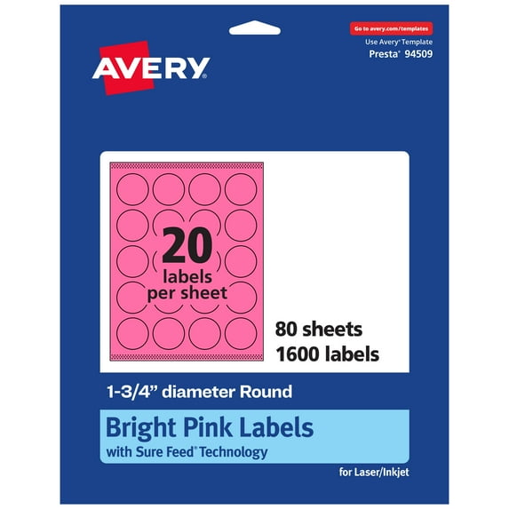 Avery Printable Round Labels, Bright Pink, 1.75" Diameter, 1,600ct