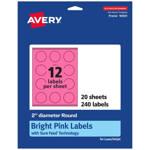 Avery Printable Round Labels, Bright Pink, 2" Diameter, 240ct