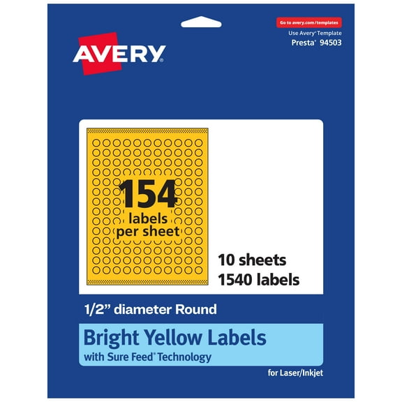 Avery Printable Round Labels, Bright Yellow, 0.5" Diameter, 1,540ct