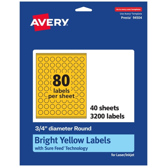 Avery Printable Round Labels, Bright Yellow, 0.75" Diameter, 3,200ct