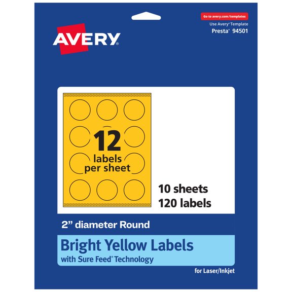 Avery Printable Round Labels, Bright Yellow, 2" Diameter, 120ct