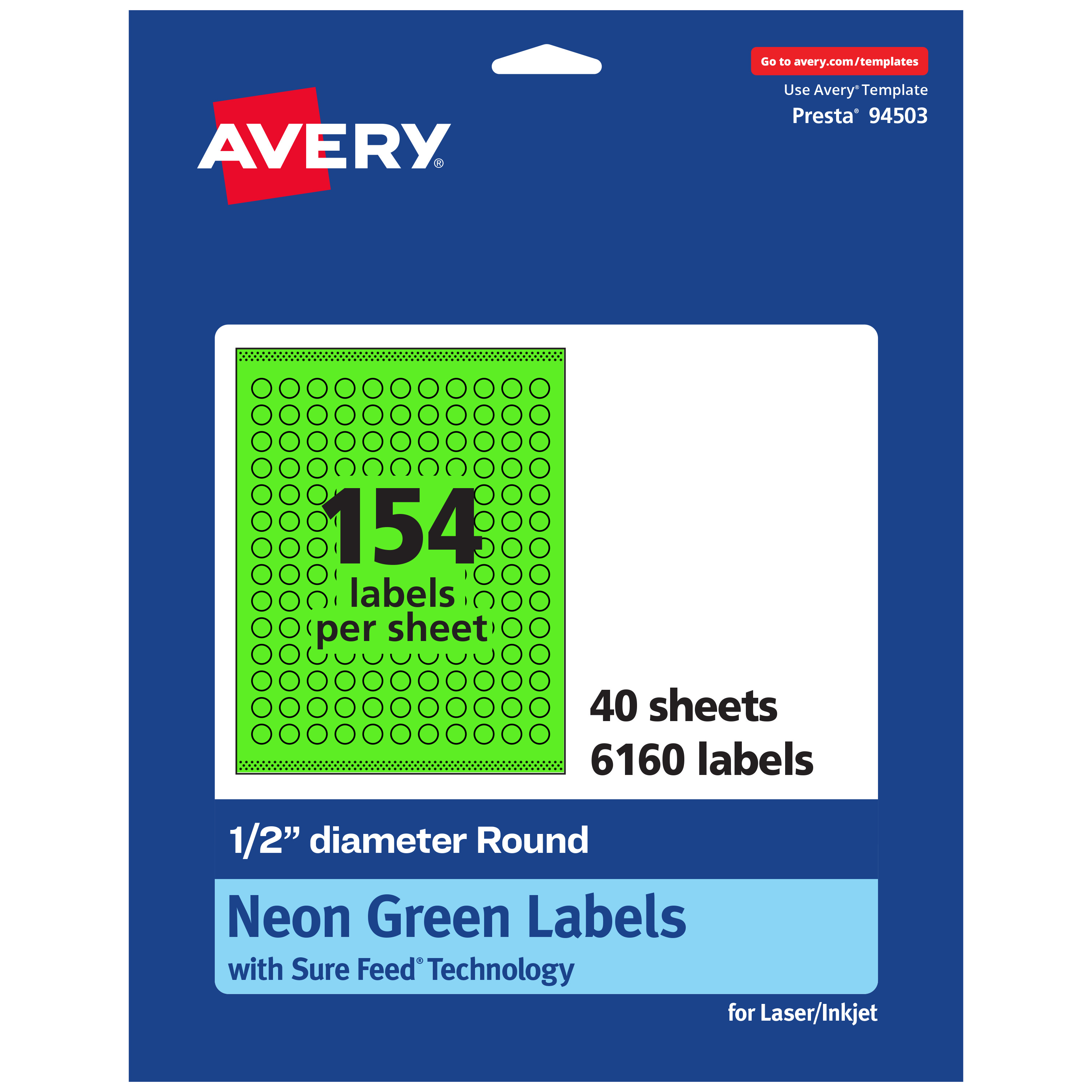 Avery Printable Round Labels, Neon Green, 0.5" Diameter, 6,160ct