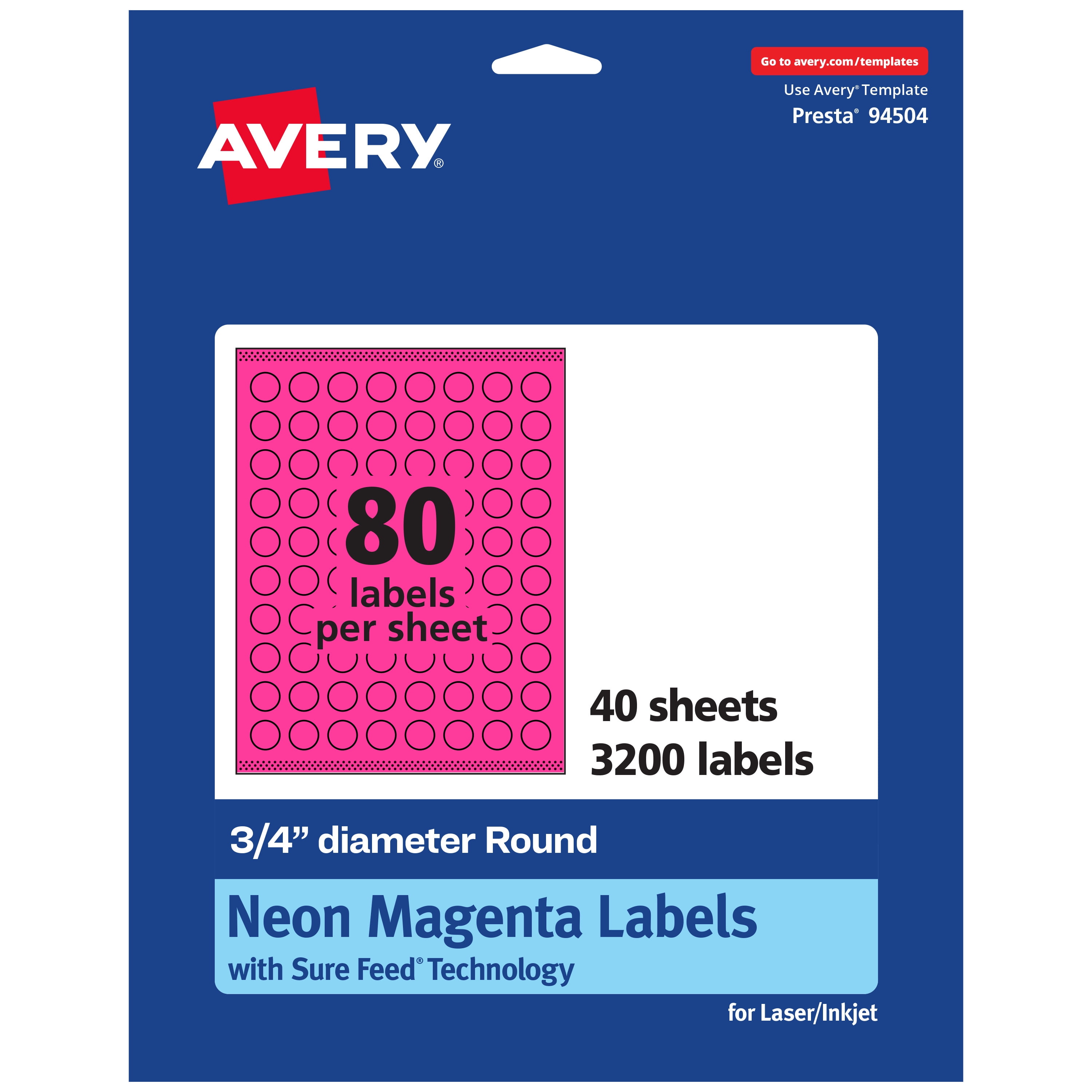 Avery Printable Round Labels, Neon Magenta, 0.75" Diameter, 3,200ct