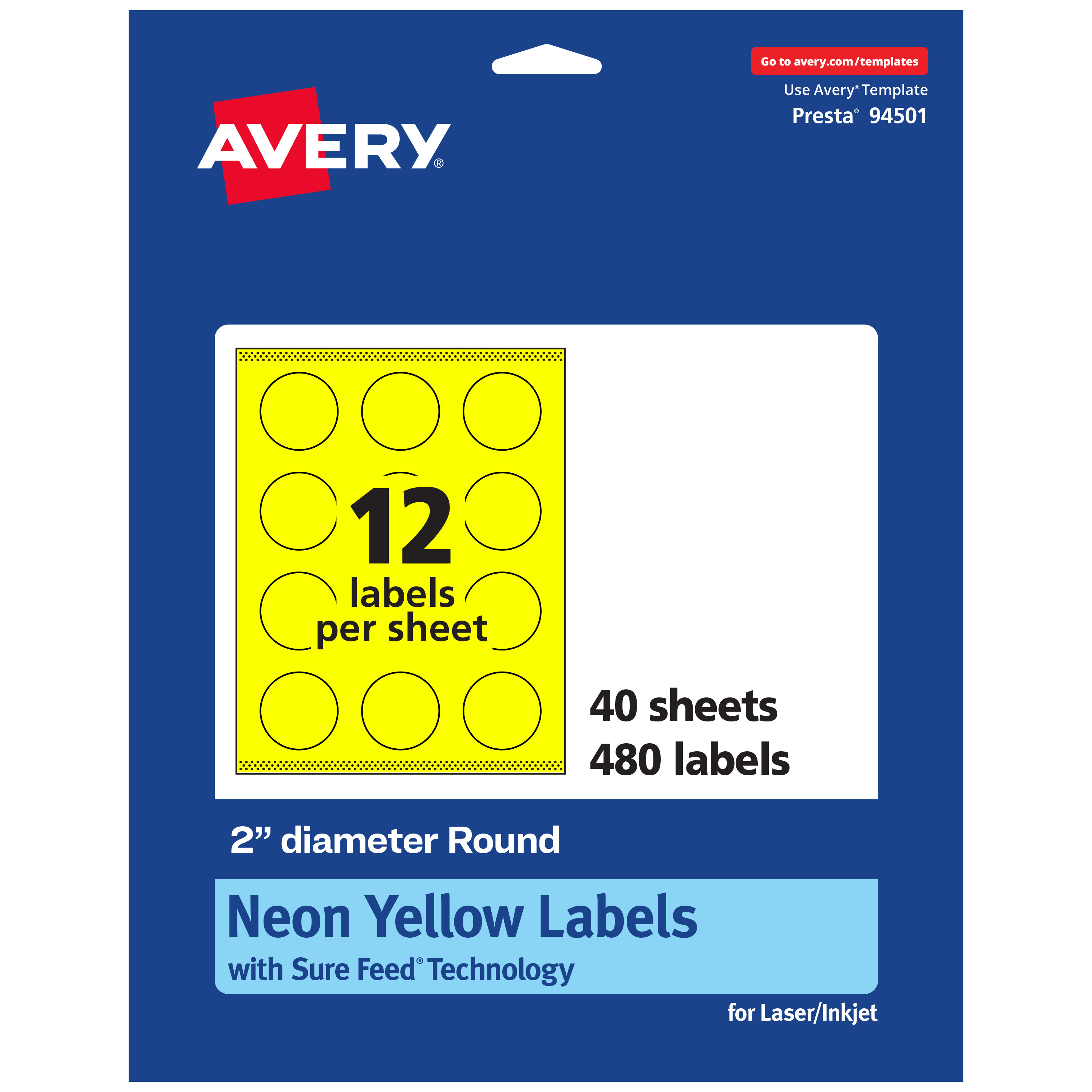Avery Printable Round Labels, Neon Yellow, 2" Diameter, 480ct