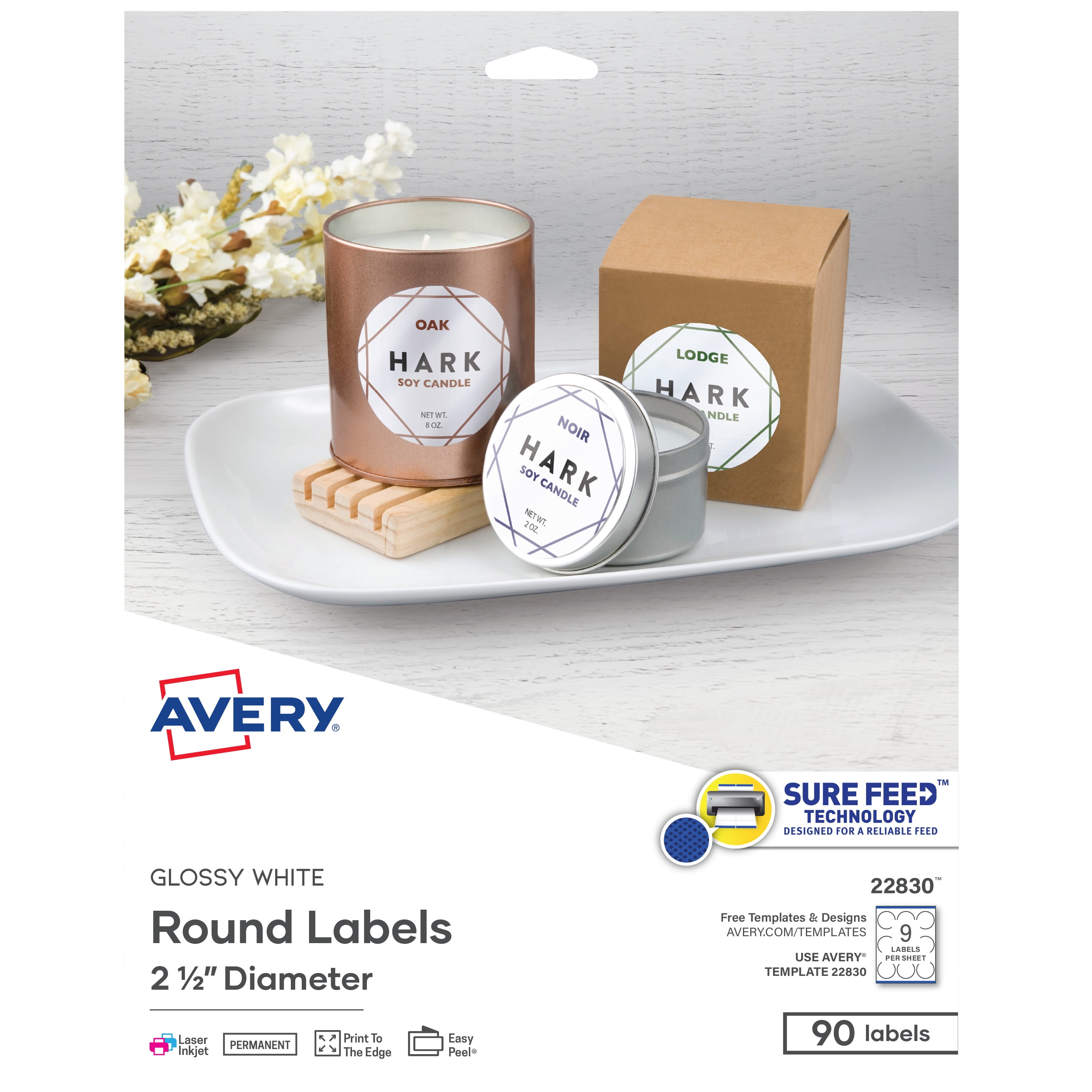 Avery Printable Round Labels, 2.5", Glossy White, 90 Labels (22830) - 5 Pack
