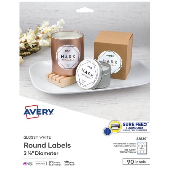 Avery Printable Round Labels, 2.5", Glossy White, 90 Labels (22830) - 5 Pack