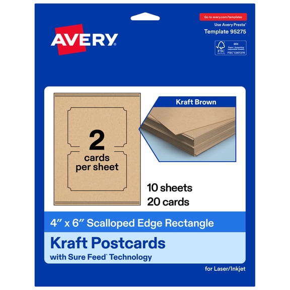 Avery Printable Scalloped Postcards, 4" x 6", Kraft Brown, 20ct