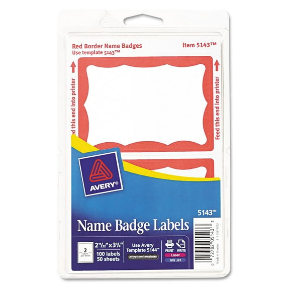 Avery Printable Self-Adhesive Name Badges 2-11/32 x 3-3/8 Red Border 100/Pack 5143