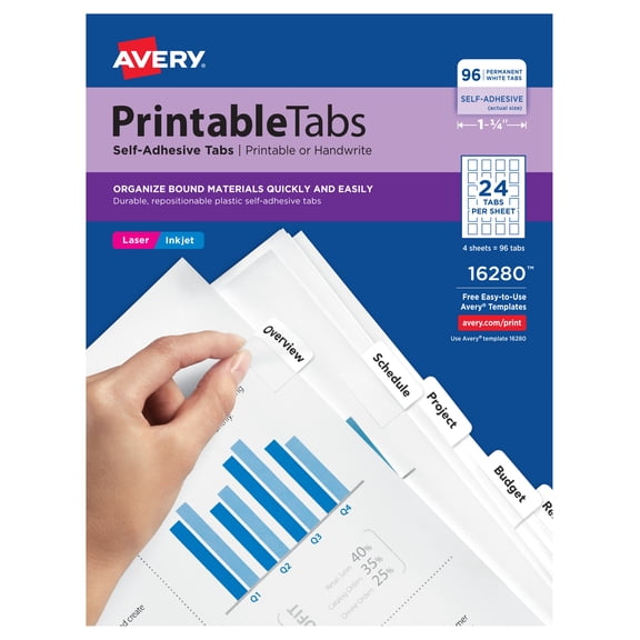 Avery Printable Self-Adhesive Plastic Tabs, 1-1/4", White (16280)