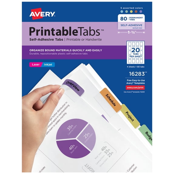 Avery® Printable Self-Adhesive Plastic Tabs, 1-3/4" (16283)