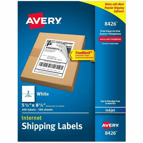 Avery® Printable Shipping Labels, 5.5" x 8.5", 200 Labels (8426), 5 1/2" Width x 8 1/2" Length, Permanent Adhesive, Rectangle, Inkjet, White, Paper | 5 Packs (1000 Total)