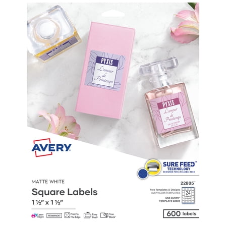 Avery Printable Square Labels, 1.5" x 1.5", White, 600ct (22805)