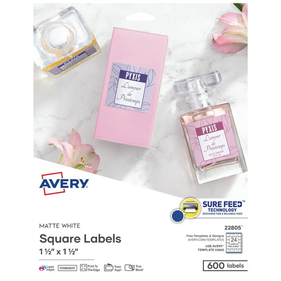Avery Printable Square Labels, 1.5" x 1.5", White, 600ct (22805)