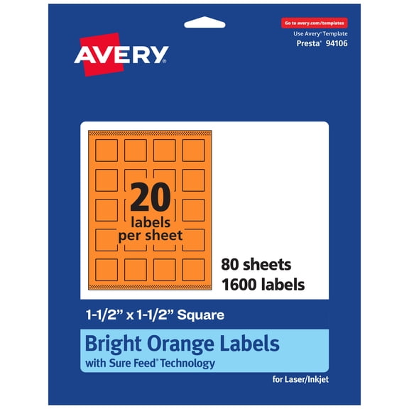 Avery Printable Square Labels, Bright Orange, 1.5" x 1.5", 1,600ct