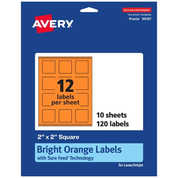 Avery Printable Square Labels, Bright Orange, 2" x 2", 120ct