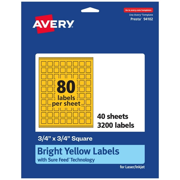 Avery Printable Square Labels, Bright Yellow, 0.75" x 0.75", 3,200ct
