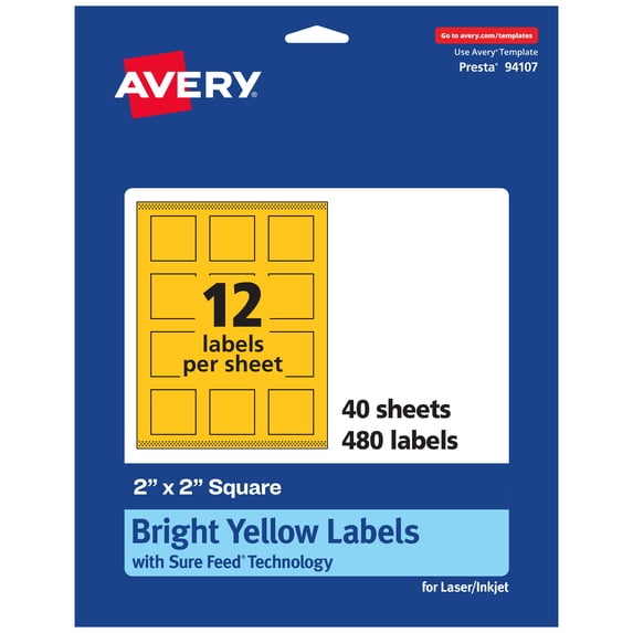 Avery Printable Square Labels, Bright Yellow, 2" x 2", 480ct