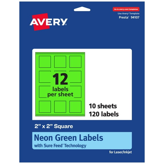 Avery Printable Square Labels, Neon Green, 2" x 2", 120ct