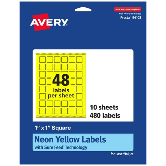 Avery Printable Square Labels, Neon Yellow, 1" x 1", 480ct